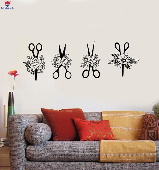 Oturma Odası, Yatak Odası Duvar Sticker Saç Güzellik Salonu Makas Çiçek Desenleri Çıkartmalar