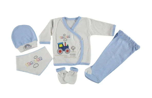 Concon Baby Traktör Nakışlı 5 Li Zıbın Seti Mavi 0-3 Ay
