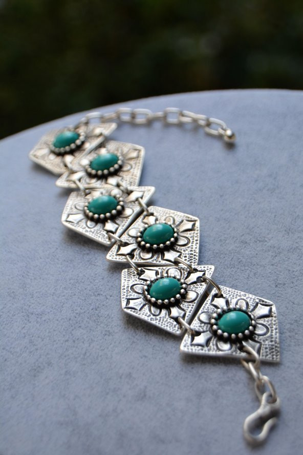 STONEAGE Hint Gümüşü Turkuaz Taşlı Bohem Kadın Bileklik Vintage Boho Tarz Yerli Üretim Türk Malı