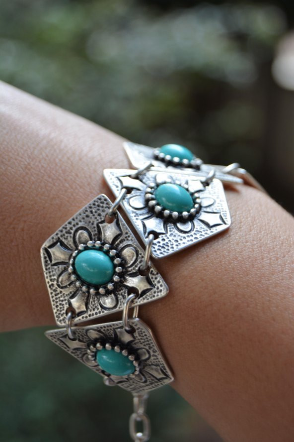 STONEAGE Hint Gümüşü Turkuaz Taşlı Bohem Kadın Bileklik Vintage Boho Tarz Yerli Üretim Türk Malı - 2