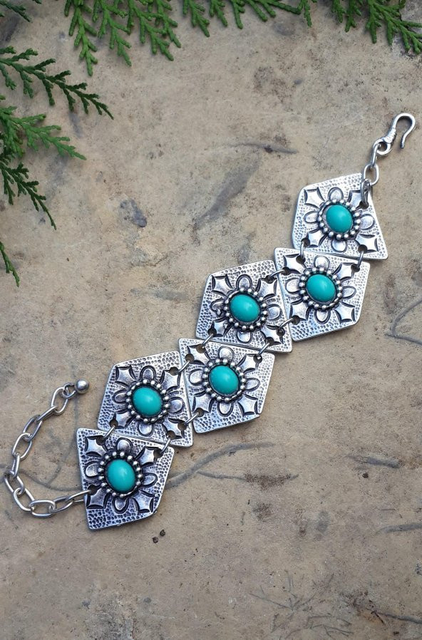 STONEAGE Hint Gümüşü Turkuaz Taşlı Bohem Kadın Bileklik Vintage Boho Tarz Yerli Üretim Türk Malı - 3