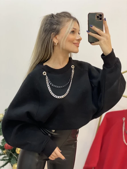 Yarasa Kol Kolyeli İçi Şardonlu Sweatshirt - 5