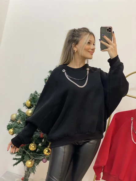 Yarasa Kol Kolyeli İçi Şardonlu Sweatshirt - 3