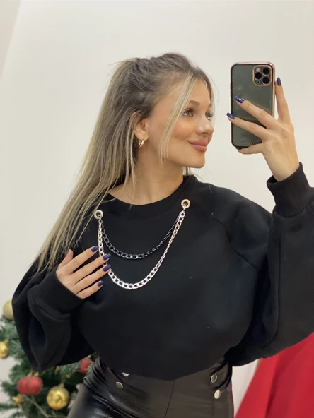 Yarasa Kol Kolyeli İçi Şardonlu Sweatshirt - 4