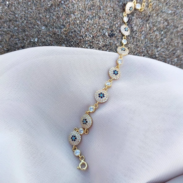 Vaoov 925 Ayar Gümüş Gold Çoklu Nazar Bileklik - Resim 2