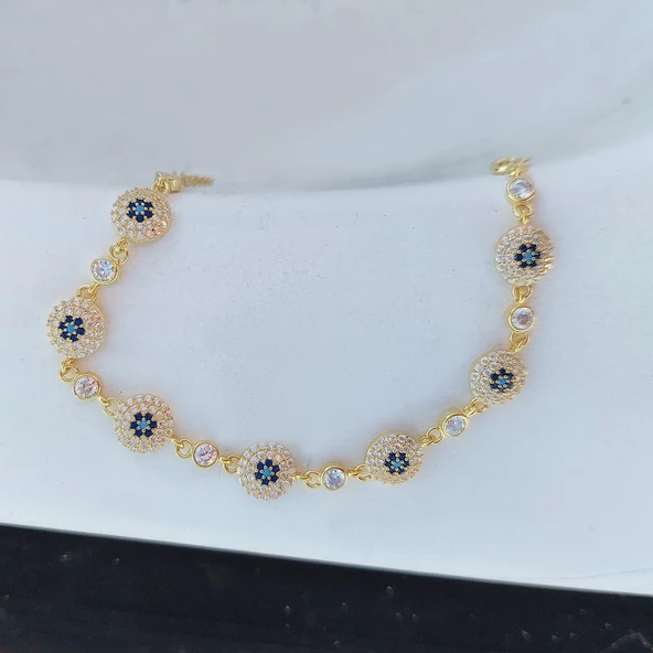 Vaoov 925 Ayar Gümüş Gold Çoklu Nazar Bileklik - Resim 4