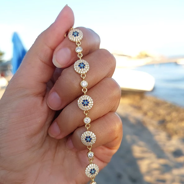 Vaoov 925 Ayar Gümüş Gold Çoklu Nazar Bileklik - Resim 3