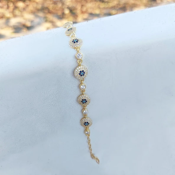 Vaoov 925 Ayar Gümüş Gold Çoklu Nazar Bileklik - Resim 5