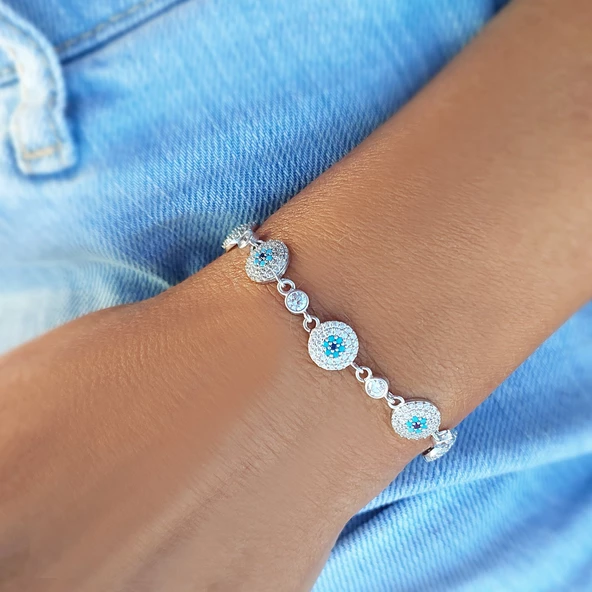 Vaoov 925 Ayar Gümüş Rodyumlu Çoklu Nazar Bileklik - Resim 4