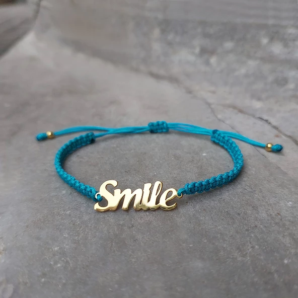 Vaoov 925 Ayar Gümüş Smile Yazılı Turkuaz Makrome Örgü Bileklik ürün görseli
