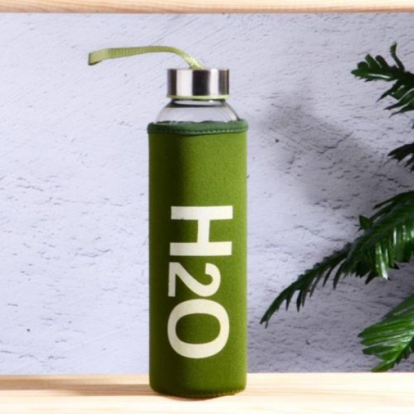 Kılıflı H2O cam matara - su matarası 500 ml suluk yeşil