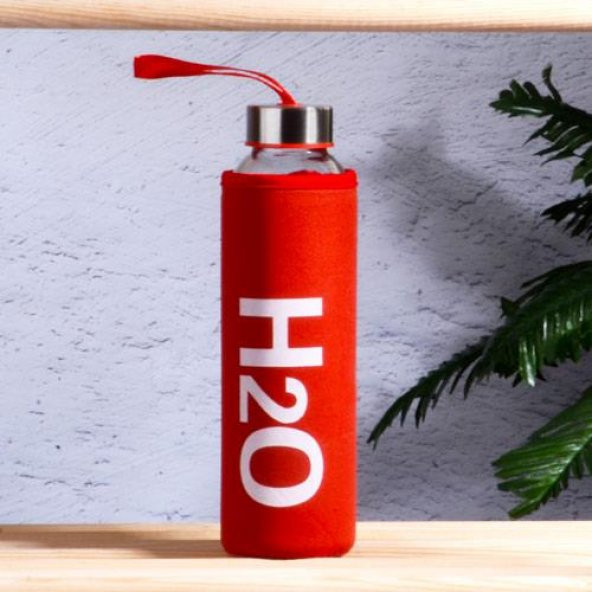 Kılıflı H2O cam matara - su matarası 500 ml suluk kırmızı