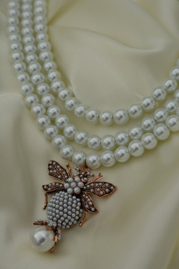 STONEAGE İncili Bayan Kolye Zirkon Taşlı Arı Figürli - Resim 2