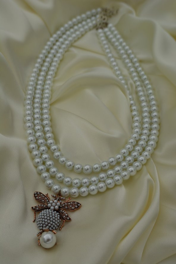 STONEAGE İncili Bayan Kolye Zirkon Taşlı Arı Figürli - Resim 3