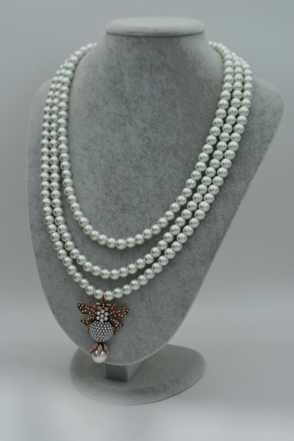 STONEAGE İncili Bayan Kolye Zirkon Taşlı Arı Figürli - Resim 4