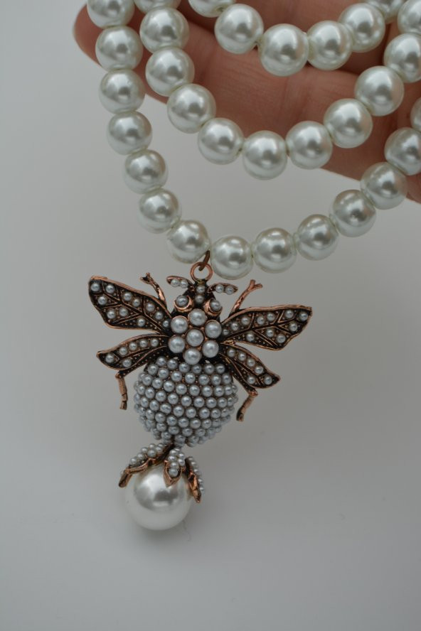 STONEAGE İncili Bayan Kolye Zirkon Taşlı Arı Figürli - Resim 5