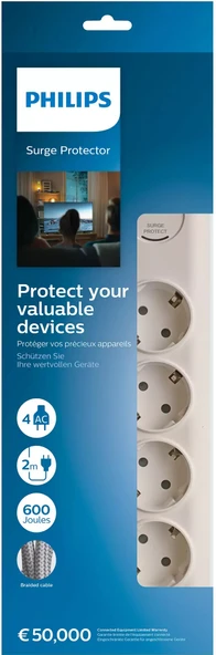 Philips SPN7040 Akım Korumalı Priz 4lü 2mt 600J, 3680W, Beyaz - 2