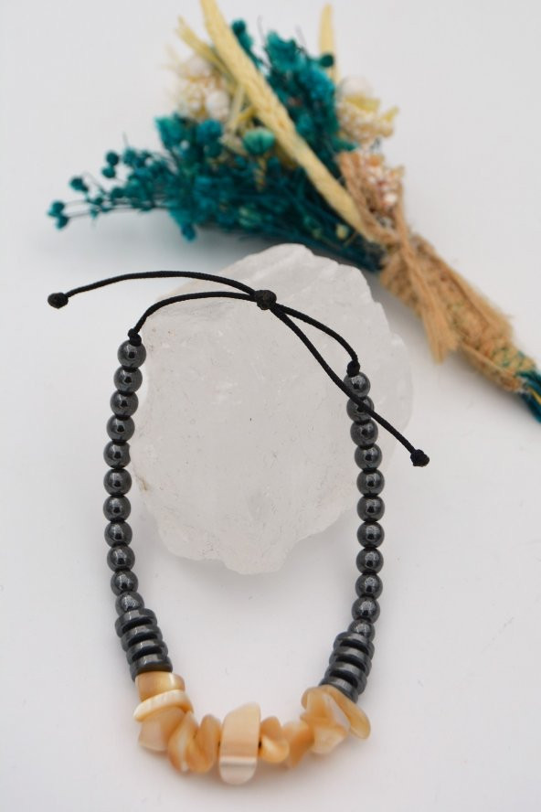 STONEAGE Gerçek Sedef ve Hematit taşlı Metalsiz Şifa Bilekliği ürün görseli