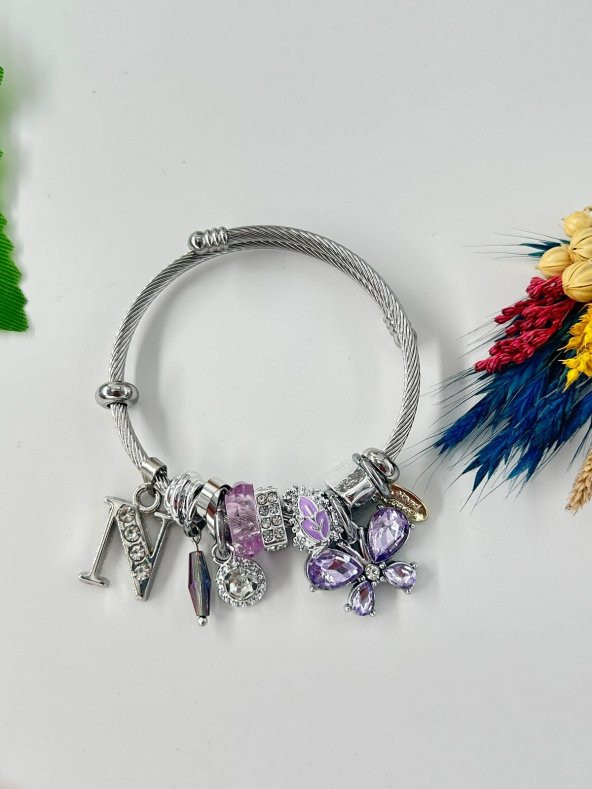 Kadın Charm N Harfi & Kelebek Lila Taşlı Çelik Bileklik - 5
