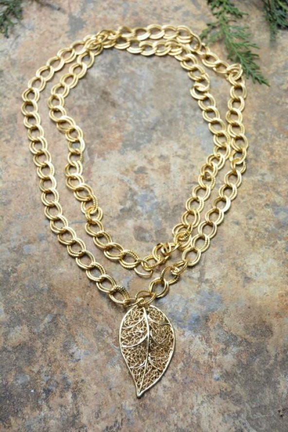 STONEAGE JEWELLERY Altın Kaplama Yaprak Uzun Bayan Kolye - Resim 2