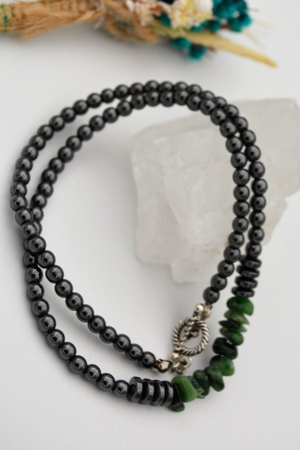 STONEAGE Gerçek Zümrüt ve Hematit Taşlı  Gemici Kilit Taşlı Şifa Kolyesi ürün görseli