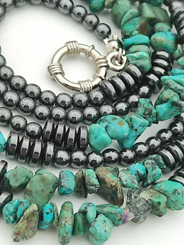 STONEAGE Gerçek Afrika Turkuazı ve Hematit Taşlı Gemici Kilit Şifa Kolyesi ürün görseli