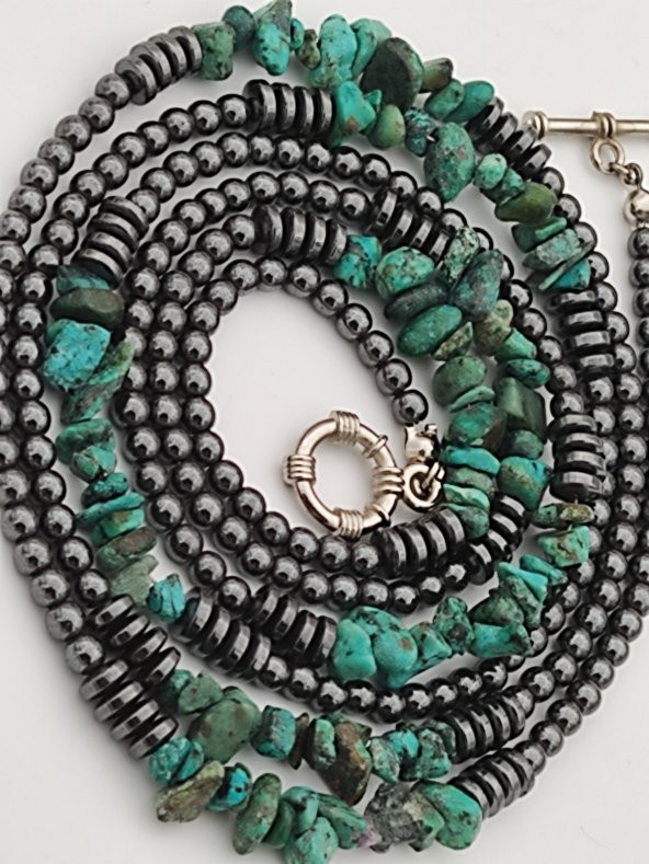 STONEAGE Gerçek Afrika Turkuazı ve Hematit Taşlı Gemici Kilit Şifa Kolyesi - Resim 2