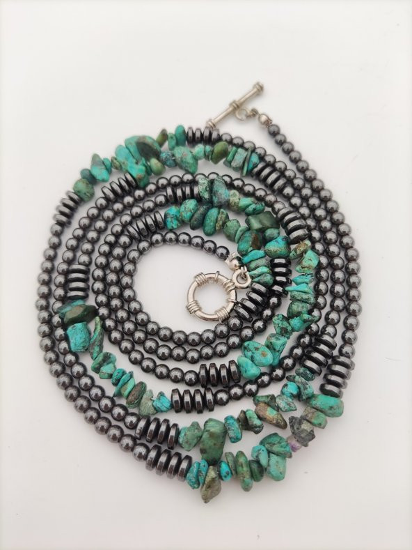 STONEAGE Gerçek Afrika Turkuazı ve Hematit Taşlı Gemici Kilit Şifa Kolyesi - Resim 4