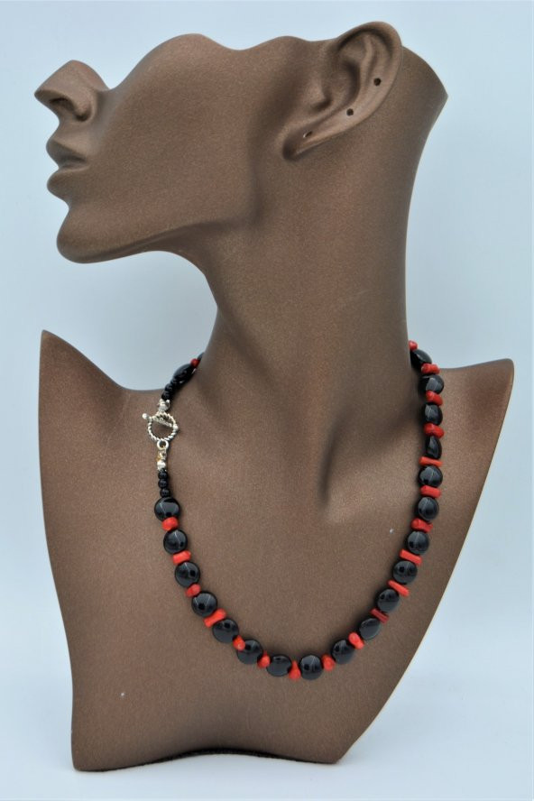 STONEAGE Orijinal Oniks ve Mercan Taşlı T Kilitli Şifa Kolyesi - Resim 3