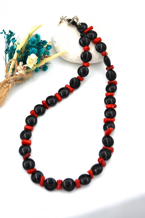 STONEAGE Orijinal Oniks ve Mercan Taşlı T Kilitli Şifa Kolyesi - Resim 5