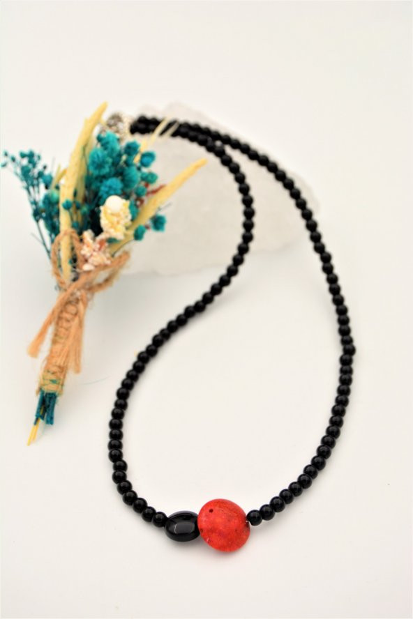 STONEAGE Orijinal Oniks Taşı ve Mercan Şifa Kolyesi ürün görseli