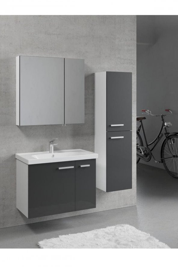 Denko Terra 80 cm MDF Antrasit Gri Banyo Dolabı Aynalı Üst Modülü - 2