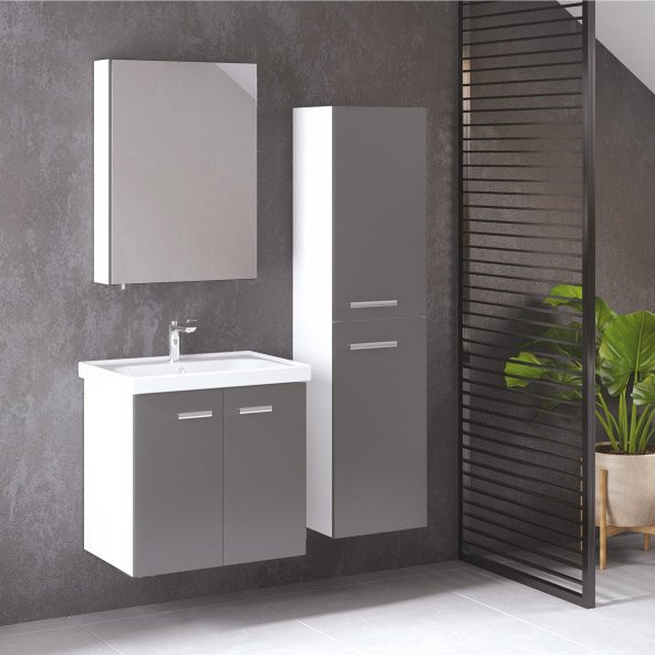 Denko Terra 65 cm MDF Antrasit Gri Banyo Dolabı Aynalı Üst Modülü - 2
