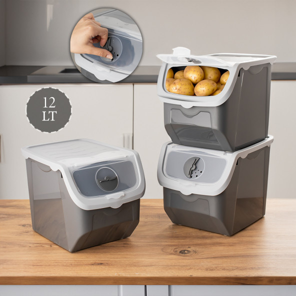Porsima Coral 3 lü Çok Amaçlı Plastik Patates Soğan Sarımsak Saklama Kutusu 12 Litre - Gri - 2