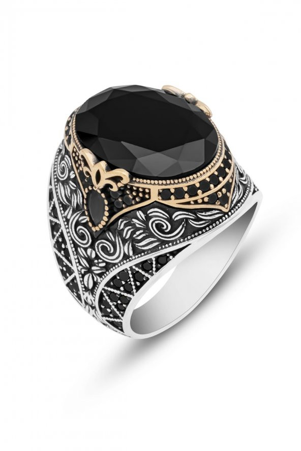 Oval Siyah Taşlı 925 Gümüş Erkek Yüzük - Resim 2