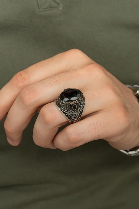 Oval Siyah Taşlı 925 Gümüş Erkek Yüzük - Resim 4