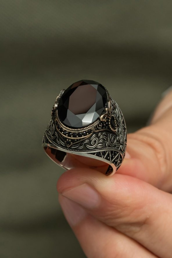Oval Siyah Taşlı 925 Gümüş Erkek Yüzük - Resim 5