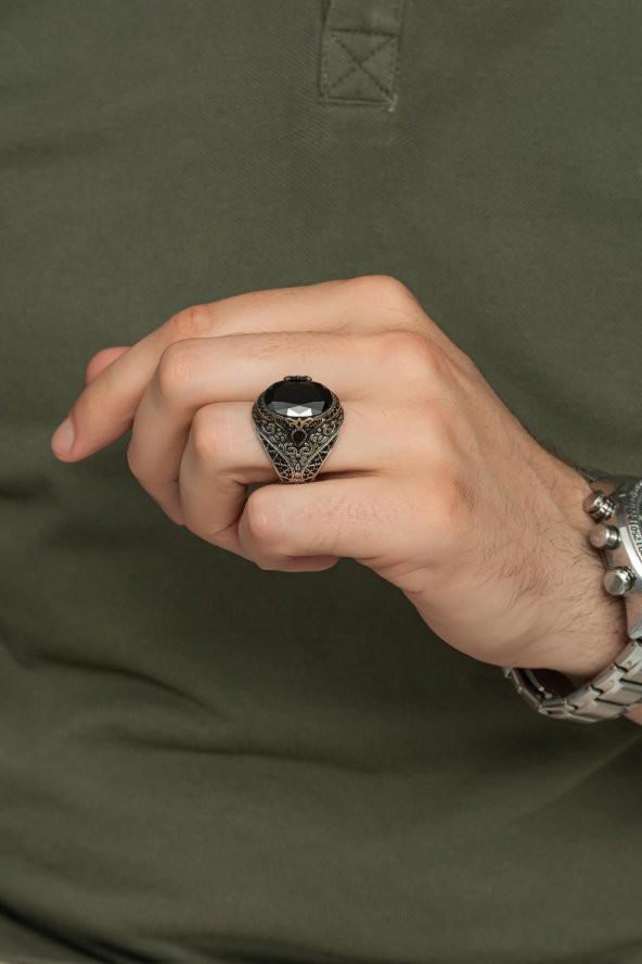 Oval Siyah Taşlı 925 Gümüş Erkek Yüzük - Resim 6
