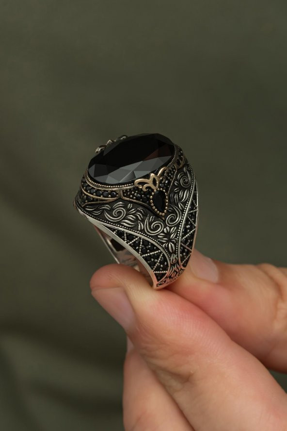 Oval Siyah Taşlı 925 Gümüş Erkek Yüzük - Resim 7