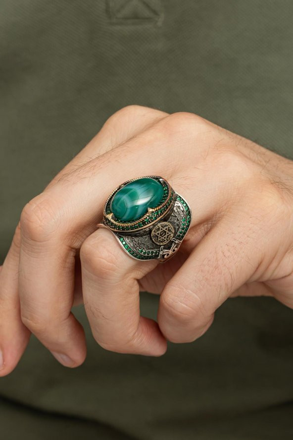 Yeşil Kaplan Gözü Taşlı Mührü Süleyman Motifli 925 Gümüş Erkek Yüzük - Resim 3