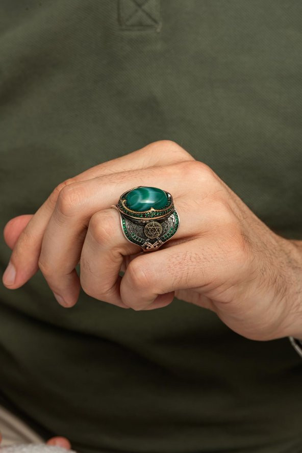 Yeşil Kaplan Gözü Taşlı Mührü Süleyman Motifli 925 Gümüş Erkek Yüzük - Resim 5
