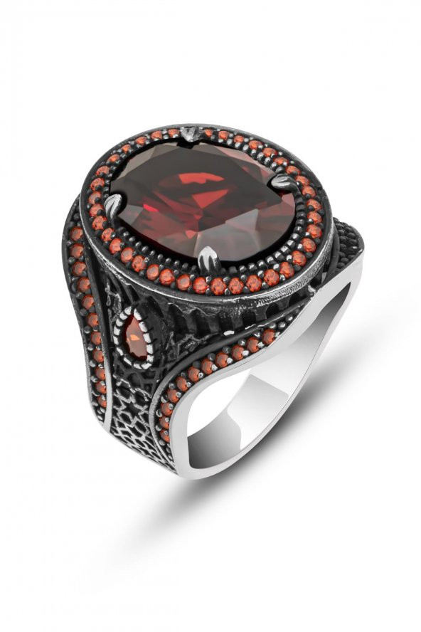 Oval Kırmızı Taşlı 925 Gümüş Erkek Yüzük - Resim 2