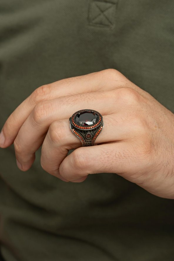 Oval Kırmızı Taşlı 925 Gümüş Erkek Yüzük - Resim 3