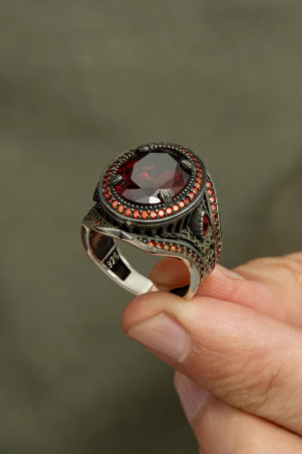 Oval Kırmızı Taşlı 925 Gümüş Erkek Yüzük - Resim 5