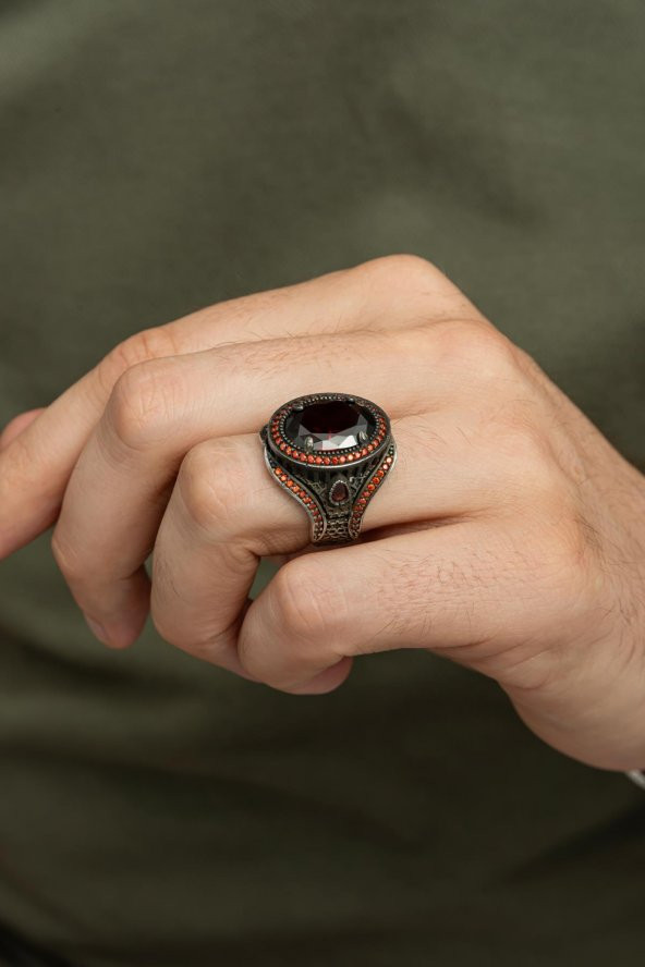 Oval Kırmızı Taşlı 925 Gümüş Erkek Yüzük - Resim 6