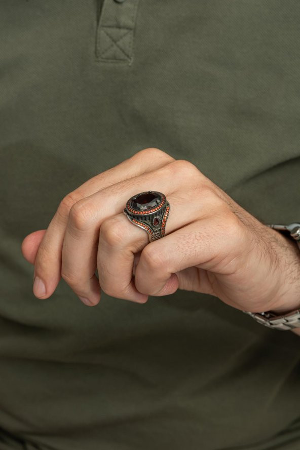 Oval Kırmızı Taşlı 925 Gümüş Erkek Yüzük - Resim 7