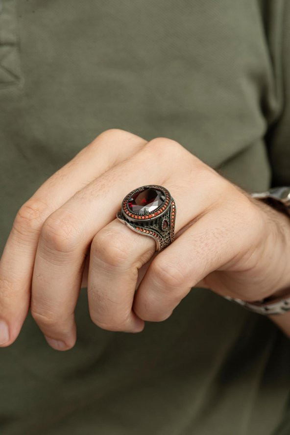 Oval Kırmızı Taşlı 925 Gümüş Erkek Yüzük - Resim 8