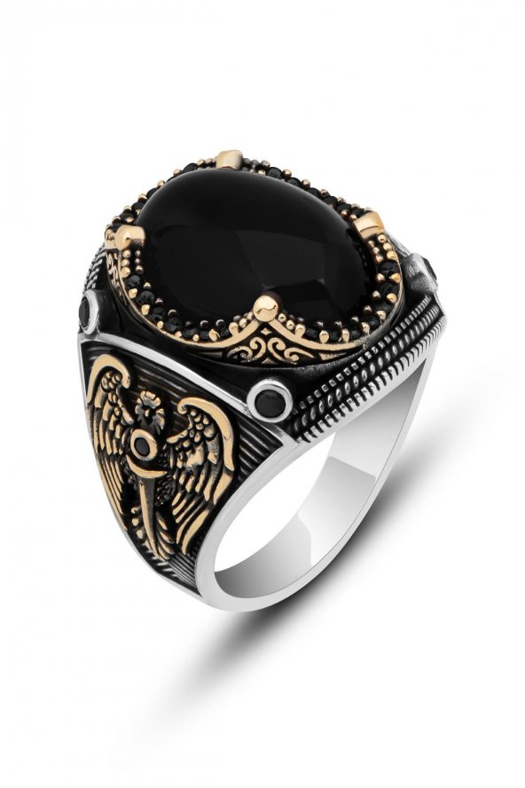 Siyah Oniks Taşlı Kartal Motifli 925 Gümüş Erkek Yüzük - Resim 2