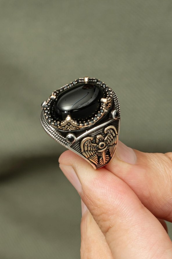 Siyah Oniks Taşlı Kartal Motifli 925 Gümüş Erkek Yüzük - Resim 4