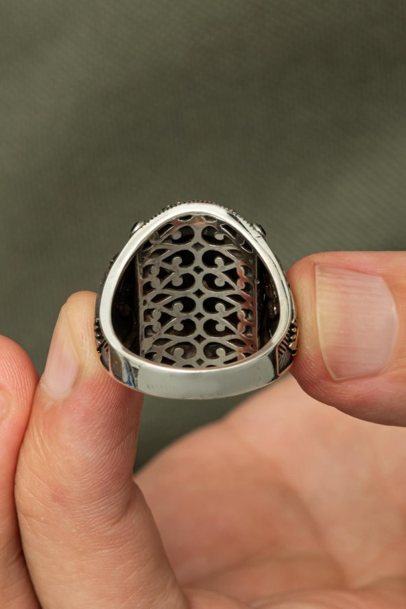 Siyah Oniks Taşlı Kartal Motifli 925 Gümüş Erkek Yüzük - Resim 6